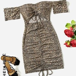 Brand New Leopard Print Off Shoulder Drawstring Dress